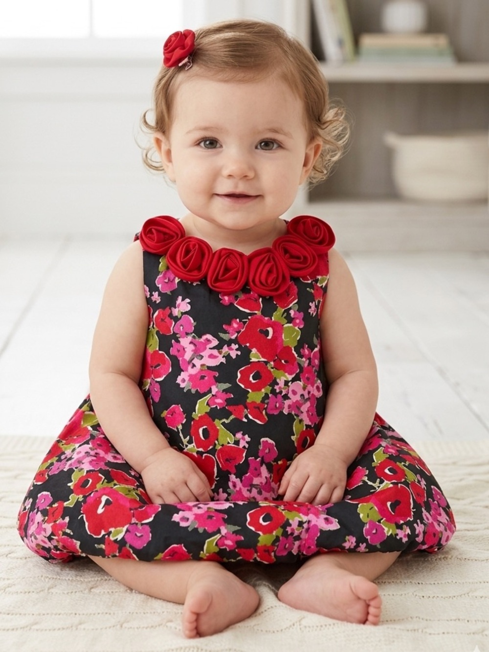 The Children's Place Baby Girl Flower Dress with Red Rosettes 9-12 Months